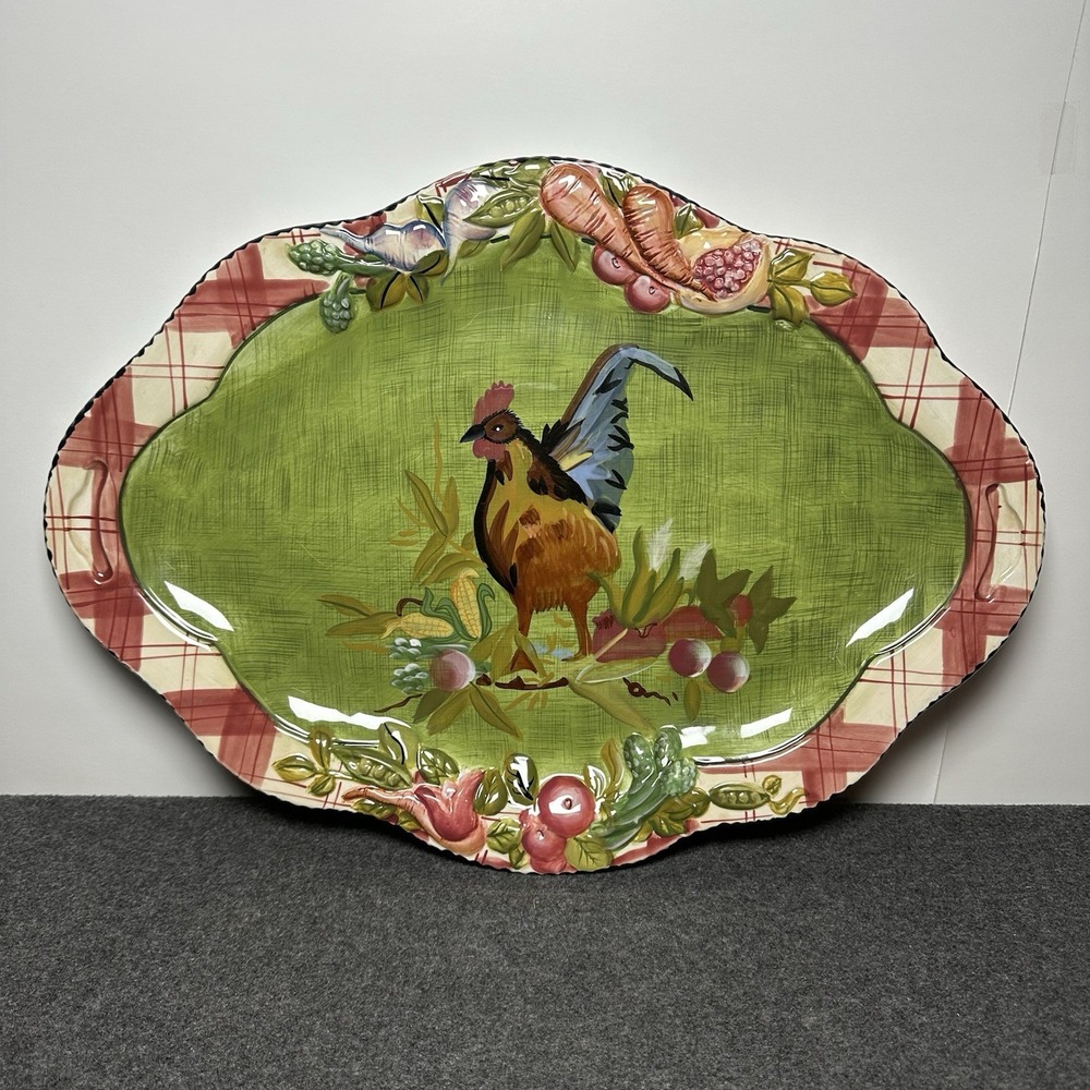Tracy Porter Stonehouse Farm Green Rooster Oval Platter 18.5" Minor Chip